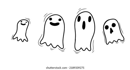 Doodle ghost set. Halloween little ghost in cute kawaii style. funny smiling samhain ghosts set, spirit and sweets on white background. trick or treat stock cartoon image.