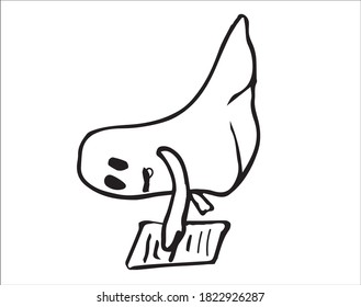 Doodle ghost writes draws on a piece of paper. Halloween illustration isolated on white background in vector.