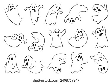 Doodle ghosts. Outline cartoon ghost different poses. Scary frightening halloween characters flying, funny phantasms neoteric vector collection