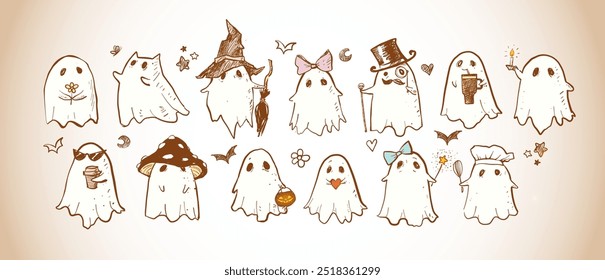 Doodle ghosts in various costumes and accessories, including hats, bows, and seasonal elements, hand drawn in vintage style
