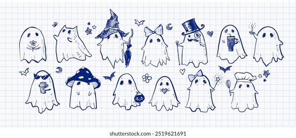 Doodle ghosts in various costumes and accessories, including hats, bows, and seasonal elements, hand drawn with blue pen in a playful style on lined paper background.