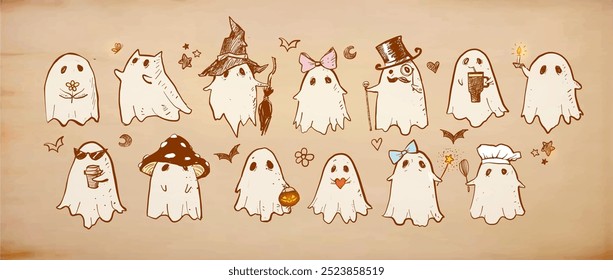 Doodle ghosts in various costumes and accessories, including hats, bows, and seasonal elements, hand drawn in a playful style on vintage background.