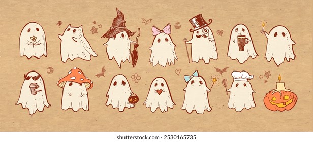 Doodle fantasmas em vários figurinos e acessórios, incluindo chapéus, arcos e elementos sazonais, mão desenhada em um estilo divertido em fundo de papel marrom.