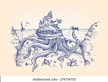 Doodle de un pulpo gigante disfrazado de isla ataca a un pescador. Puede ser un símbolo de monstruos marinos legendarios como el Kraken y más. Obra de arte con tinta de pluma dibujada a mano. EPS10 editable.