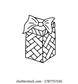 Regalo de garabato con icono de arco aislado en blanco. Pictograma de línea de arte. Esbozar ilustración de material vectorial. EPS 10