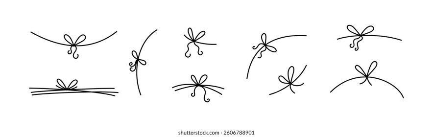 Doodle gift bow set. Round hand drawn present thin ribbon icons. Sketch line holiday gift box bows. Christmas or birthday design elements. Vector illustration isolated on white background.