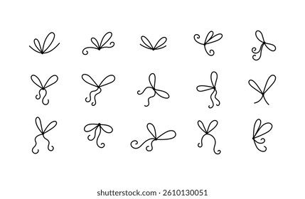 Doodle gift bow set. Round hand drawn present thin ribbon icons. Sketch line holiday gift box bows. Christmas or birthday design elements. Vector illustration isolated on white background.