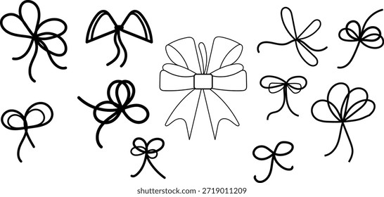 Arco de regalo Doodle. Arcos rojos garabatos simples con cuerda y nudo para el presente. Vector minimalista del arte de la línea para la celebración de la Navidad y la decoración de vacaciones de la coqueta, fiesta de cumpleaños o paquete festivo.