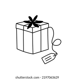 Caja de regalo con arco. La mano dibujó el presente. Elemento de diseño gráfico para publicidad, volante, afiche, venta de tienda web