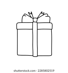 Doodle gift box with bow. Hand drawn line illustration isolated on white background.
