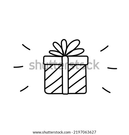 Doodle gift box with bow. Hand drawn present. Graphic design element for advertisement, flyer, poster, web shop sale