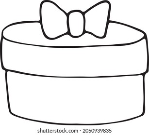 Doodle gift box. A gift with a bow. Round box with a bow for a holiday gift. Black and white vector image. A gift for Christmas, Birthday, New Year, various holidays.