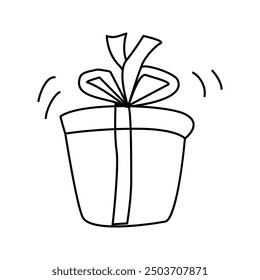 doodle gift box icon. Hand drawn style. Outline vector illustration of party present box with bow.