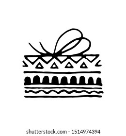 Doodle gift box icon isolated on white background. Christmas presents thin line doodle in cartoon style. Gift wrap or package. Hand drawn icons gifts with scandinavian patterns. Vector