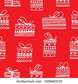 Doodle gift box icon seamless pattern on red background. Christmas presents thin line doodle in cartoon style. Gift wrap. Gift package. Stationery. Hand drawn icons gifts with scandinavian patterns. 