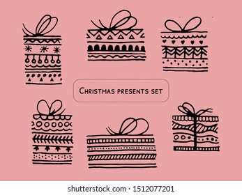 Doodle gift box icon set isolated on pink background. Christmas presents thin line doodle icon set in cartoon style. Gift wrap. Gift package. Hand drawn icons gifts with scandinavian patterns. Vector