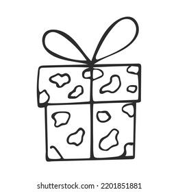 Doodle of Gift box with ribbon and image of blots. Sketch of Holiday present surprise isolated on white background. Element party design.