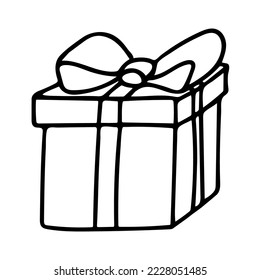 Doodle of Gift box with ribbon. Sketch of Holiday present surprise isolated on white background. Element party design.