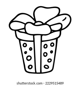 Doodle de la caja de regalo con cinta adhesiva. El boceto de Holiday presenta la sorpresa aislada en el fondo blanco. Diseño de parte de elemento.