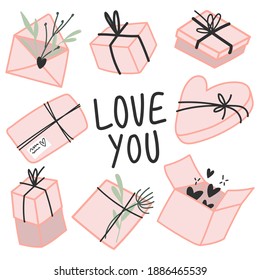 Doodle Geschenkbox Set. Valentinstag Illustrationen für Ihr Design. Minimalistische süße Kunst mit Buchstaben und Schachtel mit Bögen