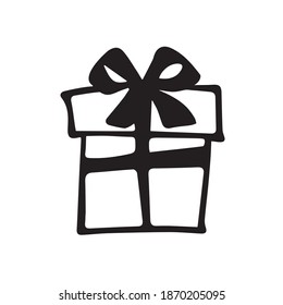 Caja de regalo de Doodle, cuadrado. Caja simple con arco, cinta. Ilustración vectorial, dibujado a mano, elemento de diseño para tarjetas de felicitación, libro de coloreo. Aislado sobre fondo blanco.