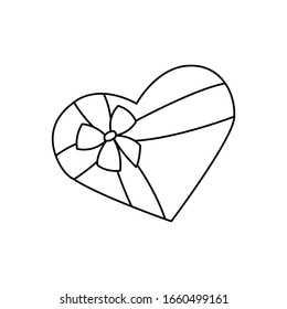 Doodle gift boxes with bows, heart shaped box. Gift and present black and whit lineal icon set EPS 10 vector format. 