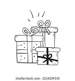 Doodle gift boxes with ribbon and bow. Christmas linear hand drawn gift boxes on white background. Vector illustration