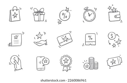 Doodle gift, discount coupon icon set. Hand drawn sketch style bonus card, loyalty program icon. Bonus point reward program offer doodle. Vector illustration.