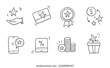 Doodle gift, discount coupon icon set. Hand drawn sketch style bonus prize, loyalty program icon. Money reward program offer doodle. Vector illustration