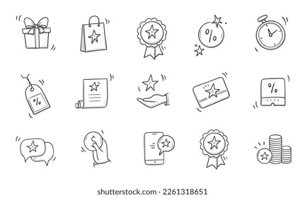 Doodle-Geschenk, Rabatt-Coupon-Icon Set. Bonuskarte im handgezeichneten Stil, Symbol für das Treueprogramm. Bonus Punkte Bonusprogramm bieten doodle. Vektorgrafik.