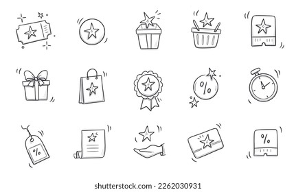 Doodle gift, discount coupon icon set. Hand drawn sketch style bonus card, loyalty program icon. Bonus point reward program offer doodle. Vector illustration.