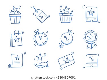 Doodle gift, discount coupon icon set. Hand drawn sketch style bonus card, loyalty program icon. Bonus point reward program offer doodle. Blue line stroke. Vector illustration