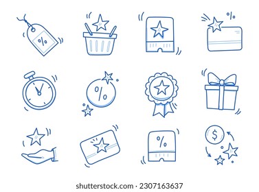 Regalo de Doodle, juego de iconos de cupón de descuento. Tarjeta de bonificación de estilo de boceto dibujado a mano, icono del programa de fidelización. El programa de puntos de bonificación ofrece doodle. Icono de línea azul. Ilustración del vector