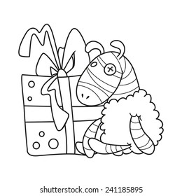 Doodle with a gift and a sheep sitting, vector illustration