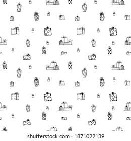 doodle gifts pattern isolated on white. perfect background for holidays design. cards, invitation, wrapping paper,  home textile, packaging