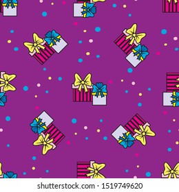 Doodle gifts pattern on purple background and mugs background