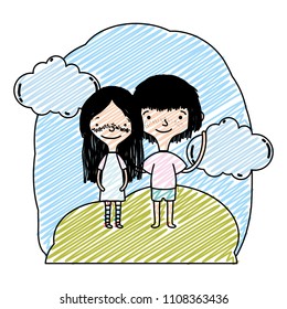 doodle gilr and boy with hairstyle and clothes in the landscape