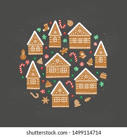 Doodle gingerbread sweet houses with decorative icing and cookies, candies composed in circle shape.
