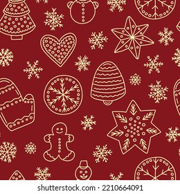 Doodle gingerbread vector seamless pattern. Hand drawn ginger cookies pattern on red background.