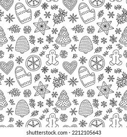 Doodle gingerbread vector seamless pattern. Hand drawn ginger cookies pattern on white background.