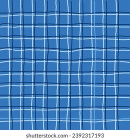 Doodle Gingham Check Plaid Vector Pattern. Vertical and horizontal hand drawn crossing blue stripes. Chequered geometrical background. Cottagecore Homestead Farmhouse Print