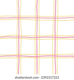 Doodle Gingham Check Plaid Vector Pattern. Vertical and horizontal hand drawn crossing colored stripes. Chequered geometrical background. Cottagecore Homestead Farmhouse Print