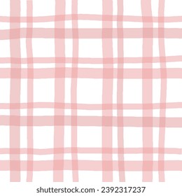 Doodle Gingham Check Plaid Vector Pattern. Vertical and horizontal hand drawn crossing pink stripes. Chequered geometrical background. Cottagecore Homestead Farmhouse Print