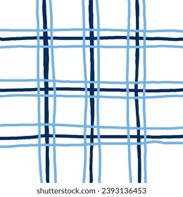 Doodle Gingham Check Plaid Vector Pattern. Vertical and horizontal hand drawn crossing blue stripes. Chequered geometrical background. Cottagecore Homestead Farmhouse Print