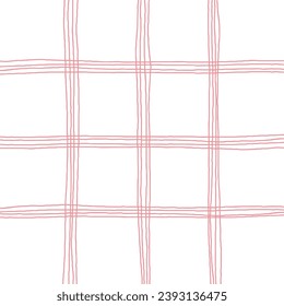 Doodle Gingham Check Plaid Vector Pattern. Vertical and horizontal hand drawn crossing pink stripes. Chequered geometrical background. Cottagecore Homestead Farmhouse Print