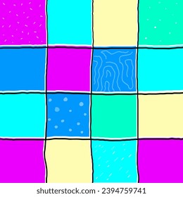 Doodle Gingham Check Plaid Vector Pattern in Vibrant, saturated colors. hand drawn crossing colored stripes. Chequered geometrical background. Cottagecore Homestead Farmhouse Print