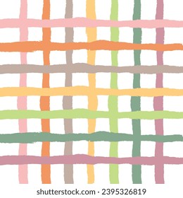 Doodle Gingham Check Plaid Vector Pattern. Vertical and horizontal hand drawn crossing yellow, red, pink, orange, grey, green, purple stripes. Chequered freehand Cottagecore Homestead Farmhouse 