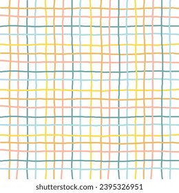 Doodle Gingham Check Plaid Vector Pattern. Vertical and horizontal hand drawn crossing colored stripes. Chequered geometrical background. Cottagecore Homestead Farmhouse Print