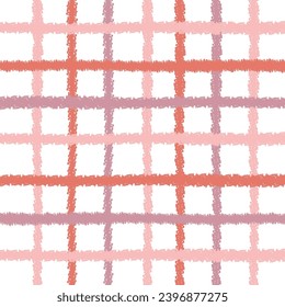 Doodle Gingham Check Plaid Vector Pattern. Vertical and horizontal hand drawn crossing textured pink and red stripes. Chequered freehand geometrical background. Cottagecore Homestead Farmhouse Print