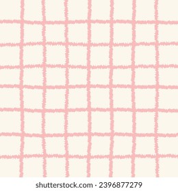 Doodle Gingham Check Plaid Vector Pattern. Vertical and horizontal hand drawn crossing pink stripes. Chequered freehand geometrical background. Cottagecore Homestead Farmhouse Print